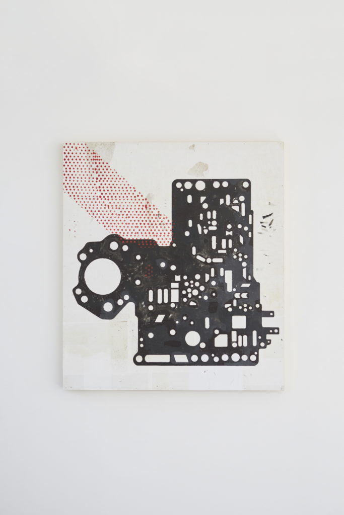 Greg Colson, Spacer Plate, 2016. Acrylic, ink, graphite, and collage on wood, 101.6 x 90.2 cm, 40 x 35 1/2 inch.