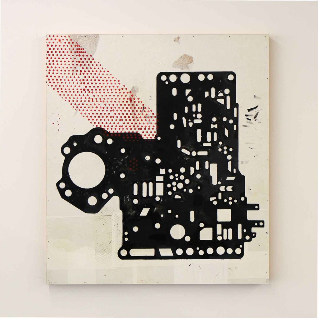 Greg Colson, Spacer, Plate, 2016. Acrylic, enamel, and paper on wood, 101.6 x 91.4 cm, 40 x 36 inch.