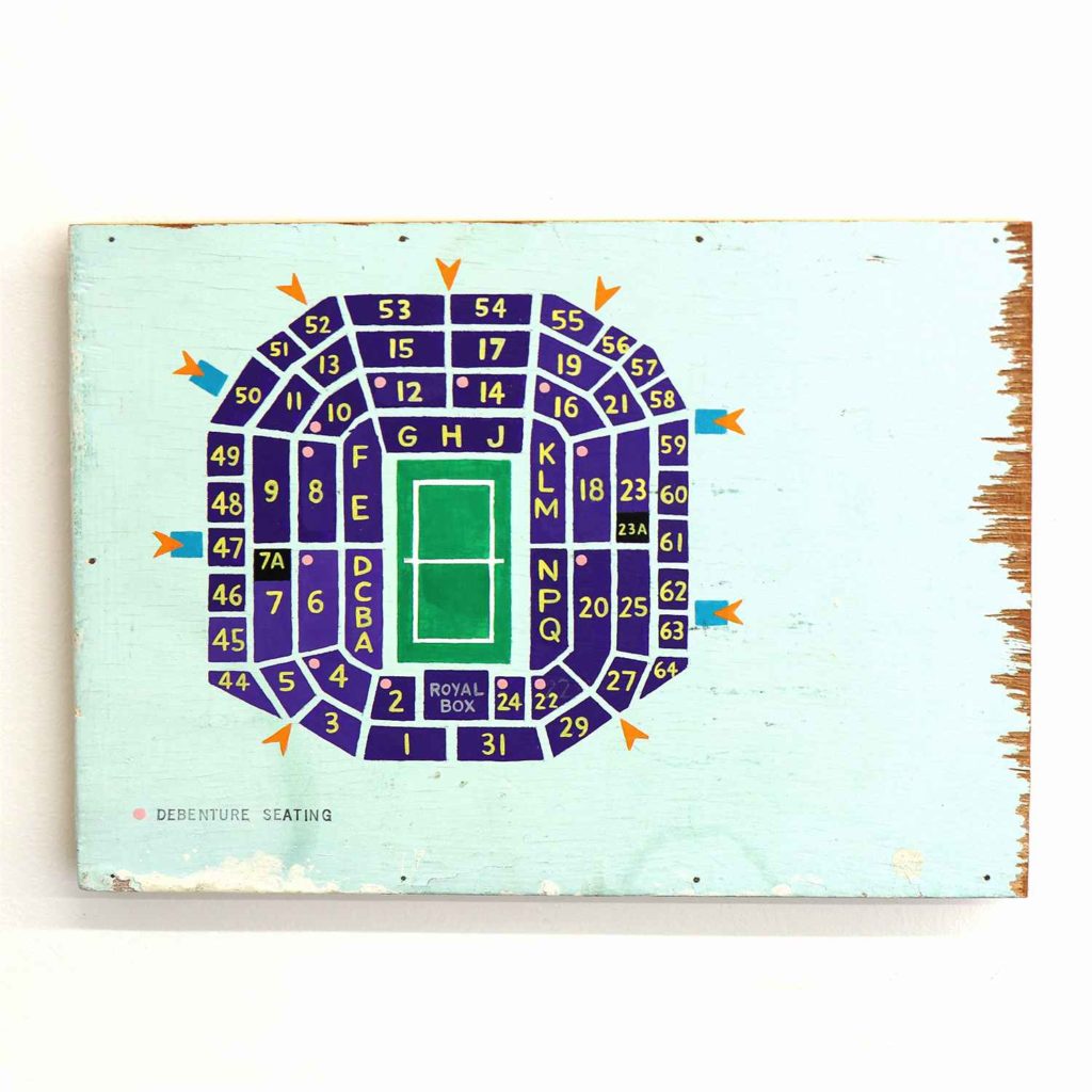 Greg Colson, Wimbledon Centre Court, 2013. Acrylic and ink on painted wood, 21.6 x 30.5 cm, 8 1/2 x 12 inch.