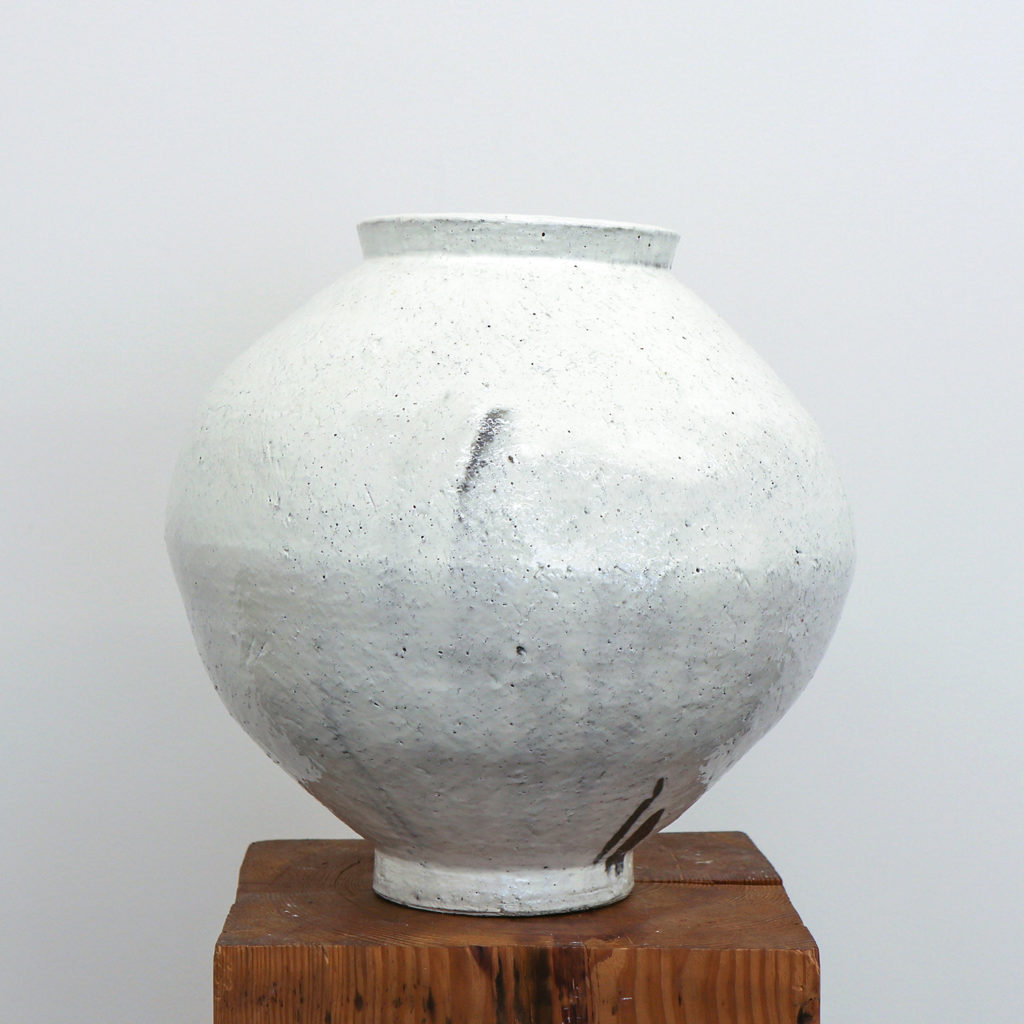 Sungwook Park, Buncheong Moon Jar, 2021. Buncheong ceramics, 32 x 32 x 34.5 cm, 12 1/2 x 12 1/2 x 13 1/2 inch.