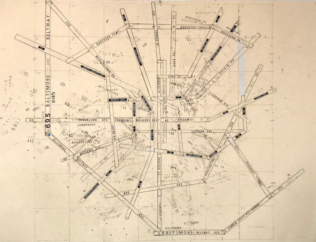 BALTIMORE (CONSTRUCTION DRAWING) 2022 Graphite, crayon, acrylic, ink, correction fluid, tape, and glue on cover stock mounted on wood panel 36 x 48 in