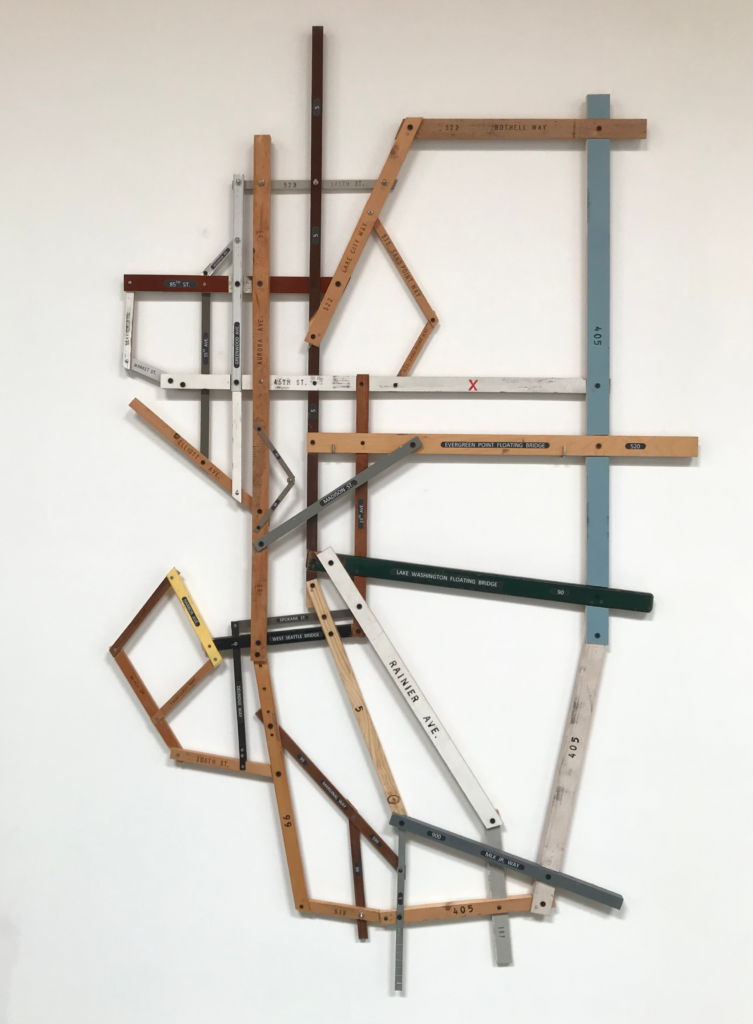 GREATER SEATTLE 2022 Enamel, acrylic, ink,  and graphite on wood, and metal 61 x 38 x 2 in