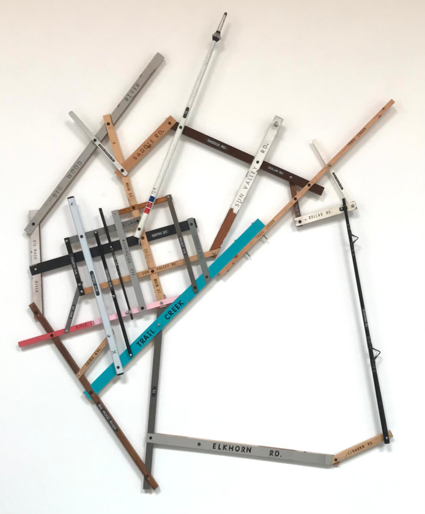 SUN VALLEY-KETCHUM 2021 Enamel, acrylic, ink, and graphite on wood, metal, and fiberglass 54 x 44 x 2 in